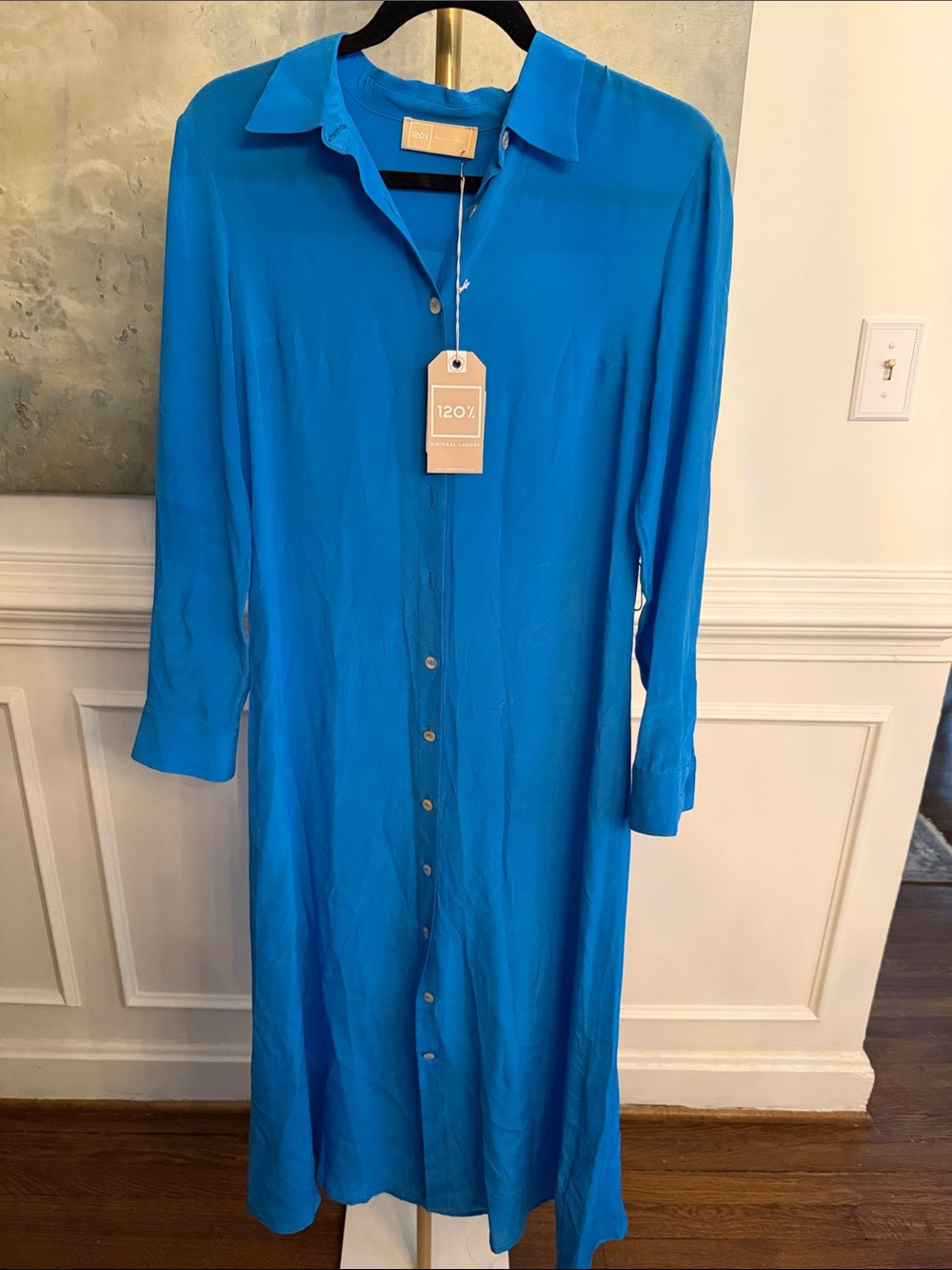 120% Lino Maxi Button-Front Long Sleeve Dress
